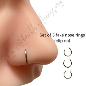 Clip on Fake Nose Piercing Rings, Set of 3 faux Nose Rings